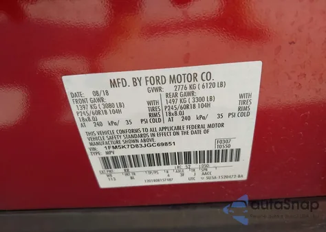 2018 Ford Explorer Xlt z USA, uszkodzony, nr VIN 1FM5K7D83JGC69851